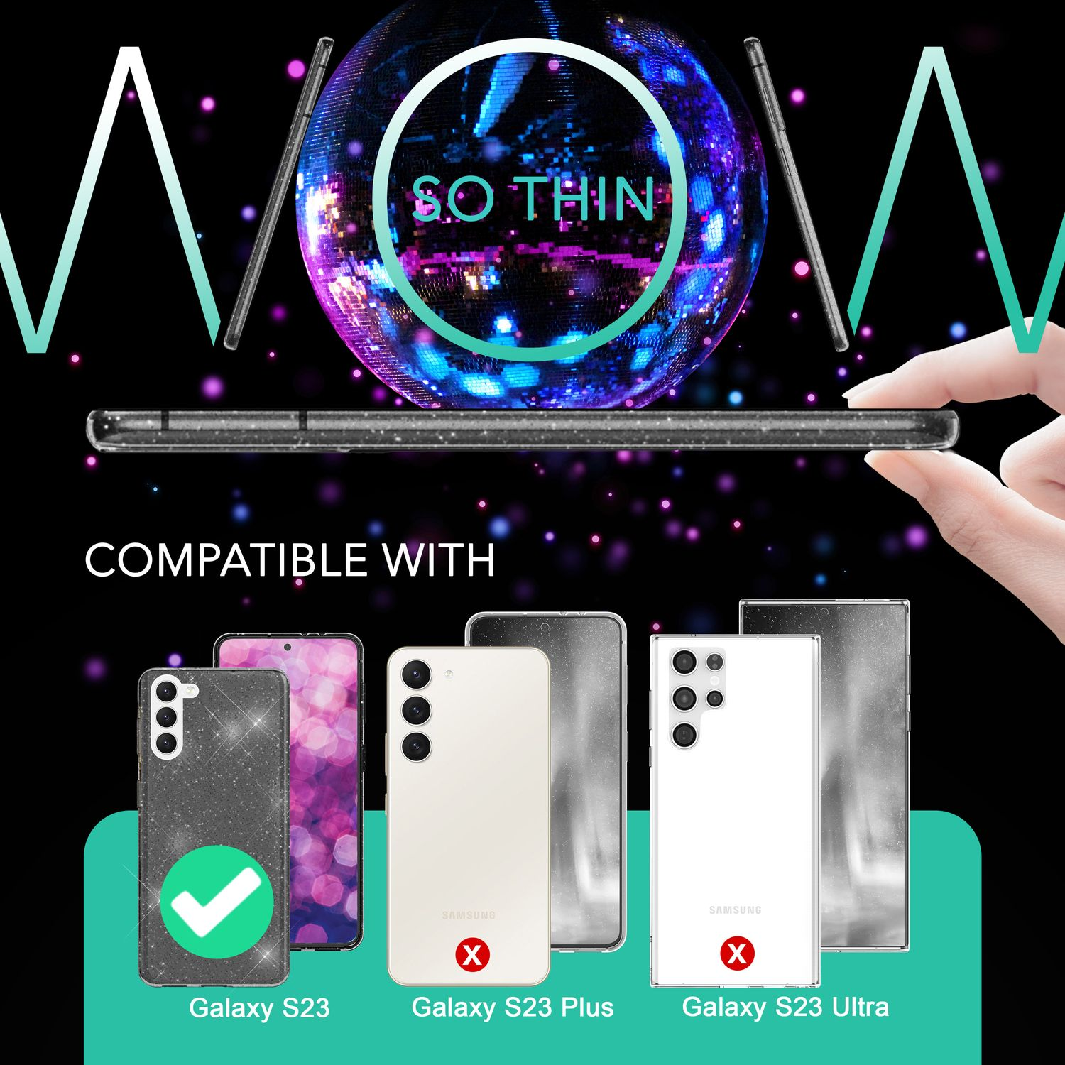 Eine Handyhülle mit Galaxy S23 ist kompatibel. Andere Telefone sind als inkompatibel durchgestrichen.