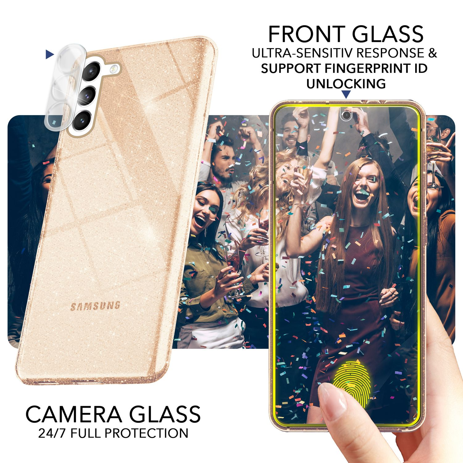 Handyhülle mit Goldglitzer, Text 'Front Glass' und einer Party-Szene auf dem Handy-Bildschirm.