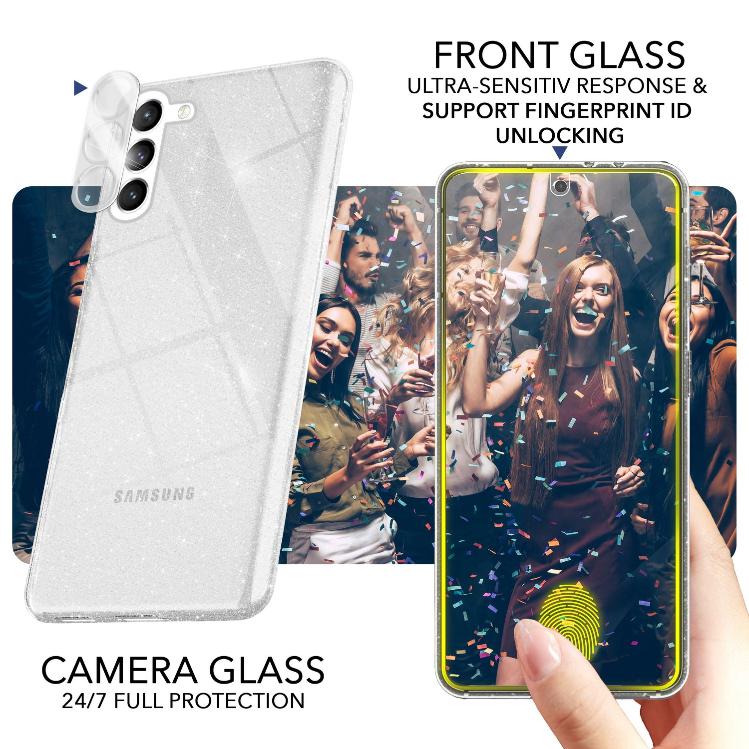 Eine Handyhülle mit Glitzerdesign und einem Foto einer Party-Szene. Das Telefon ist in einer Hand.
