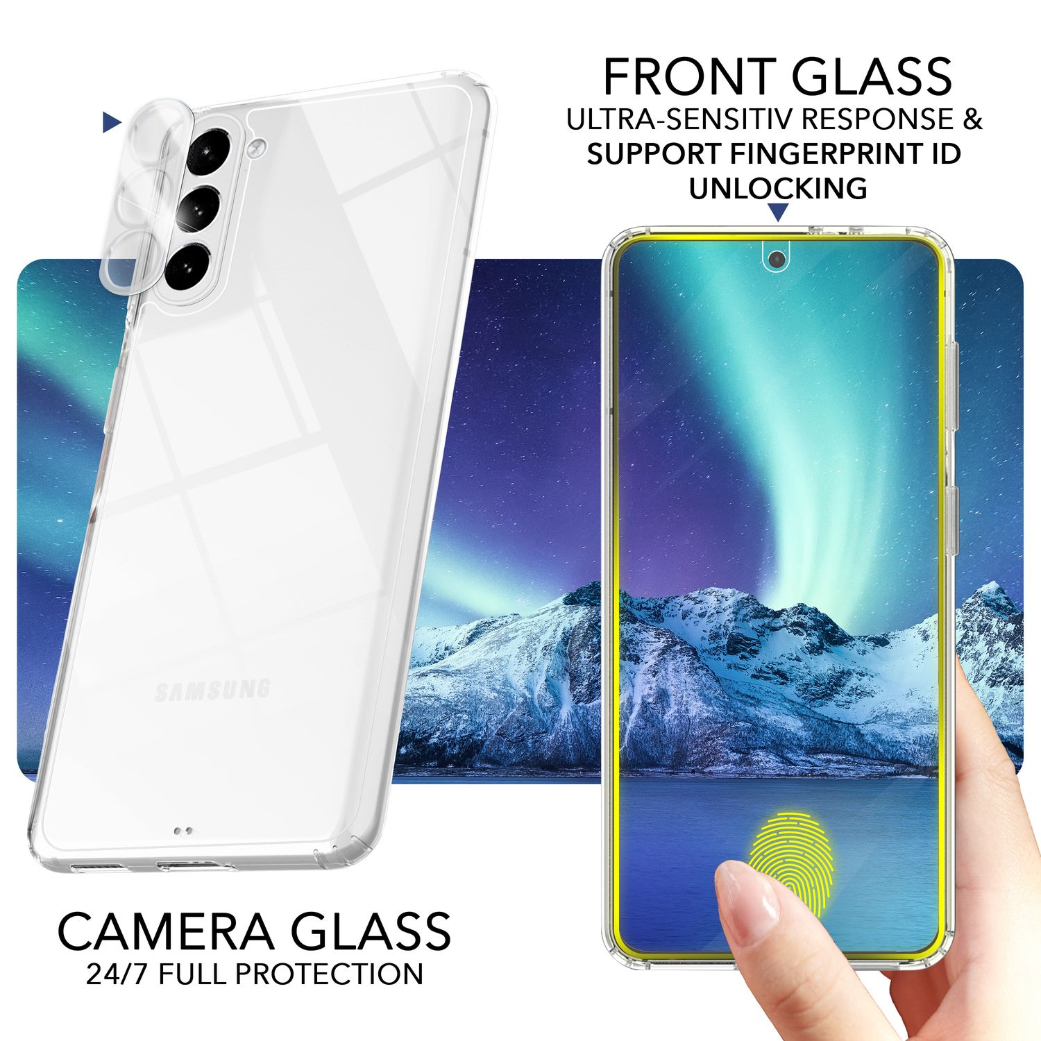 Transparente Handyhülle mit Handy. Hintergrund: Nachtszene mit Nordlichtern.
