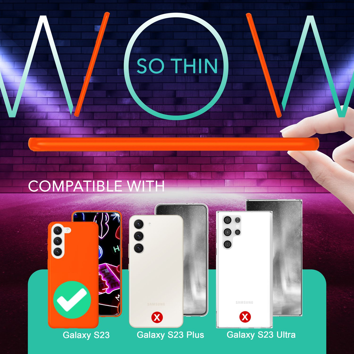 Eine orangefarbene Handyhülle mit dem Text „SO THIN“ und Telefonmodellen, mit denen die Hülle kompatibel ist.