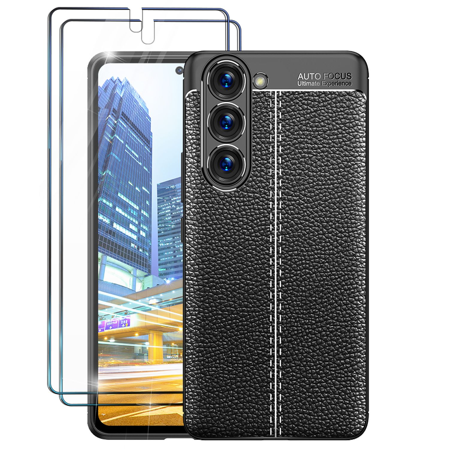 Leder-Look Displayschutz, Backcover, Galaxy S23 Samsung, Hülle Plus, mit NALIA Schwarz 2x Silikon