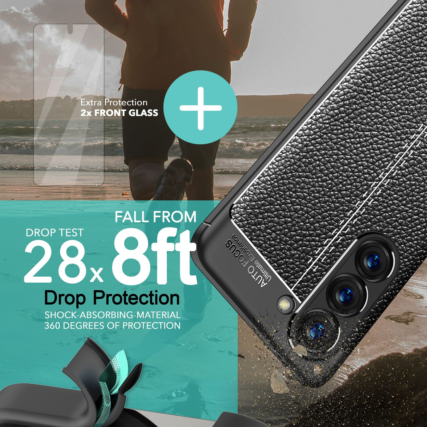Schwarze strukturierte Handyhülle, Samsung-Telefondetail, Falltestinfo: 8,8 m. Mann am Strand unscharf im Hintergrund.