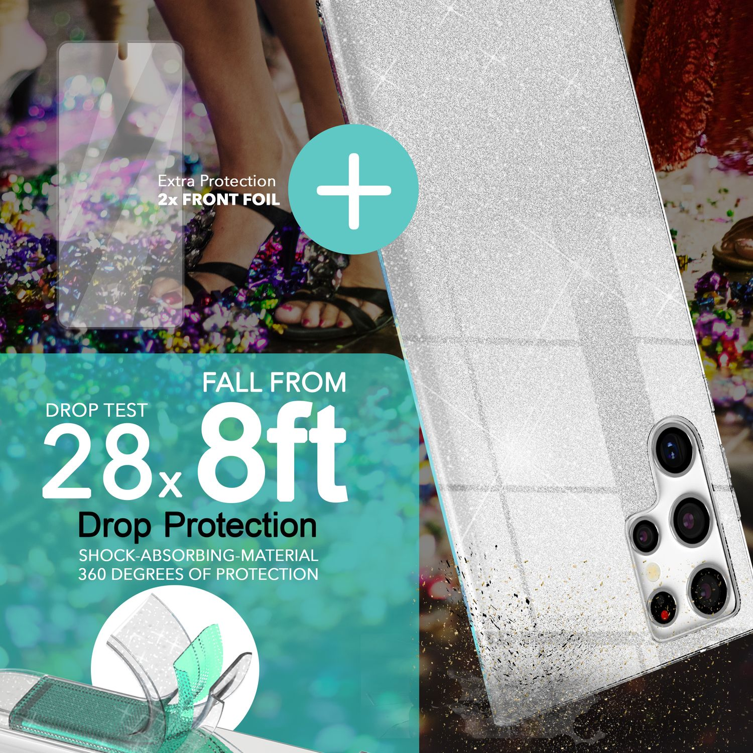 Tablethülle mit Telefon, Folie und Text zum Fallschutz mit Hintergrunddetails.