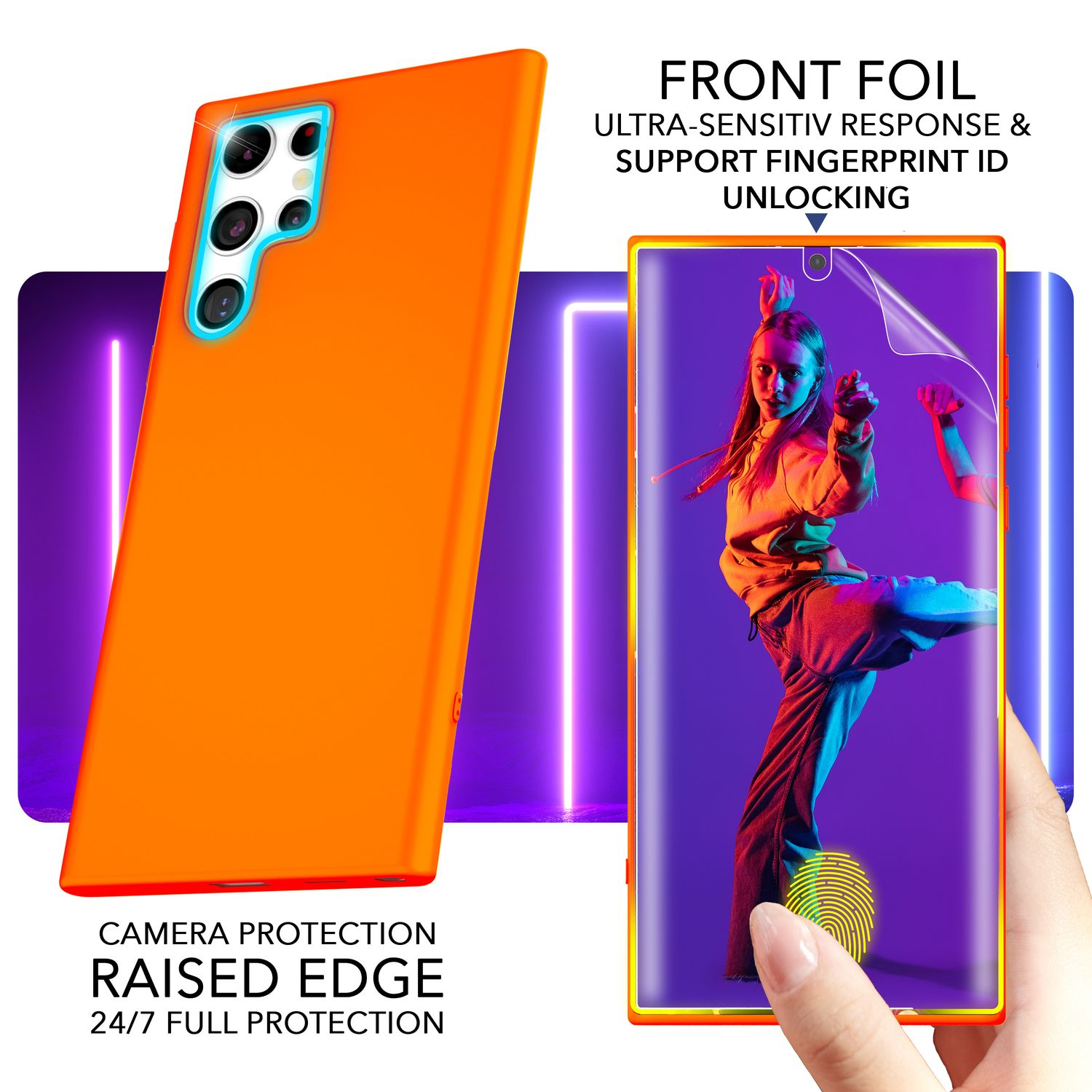 Orangefarbene Handyhülle mit Displayschutz. Erhöhter Rand für Kameraschutz. Lila und blaue Akzente.