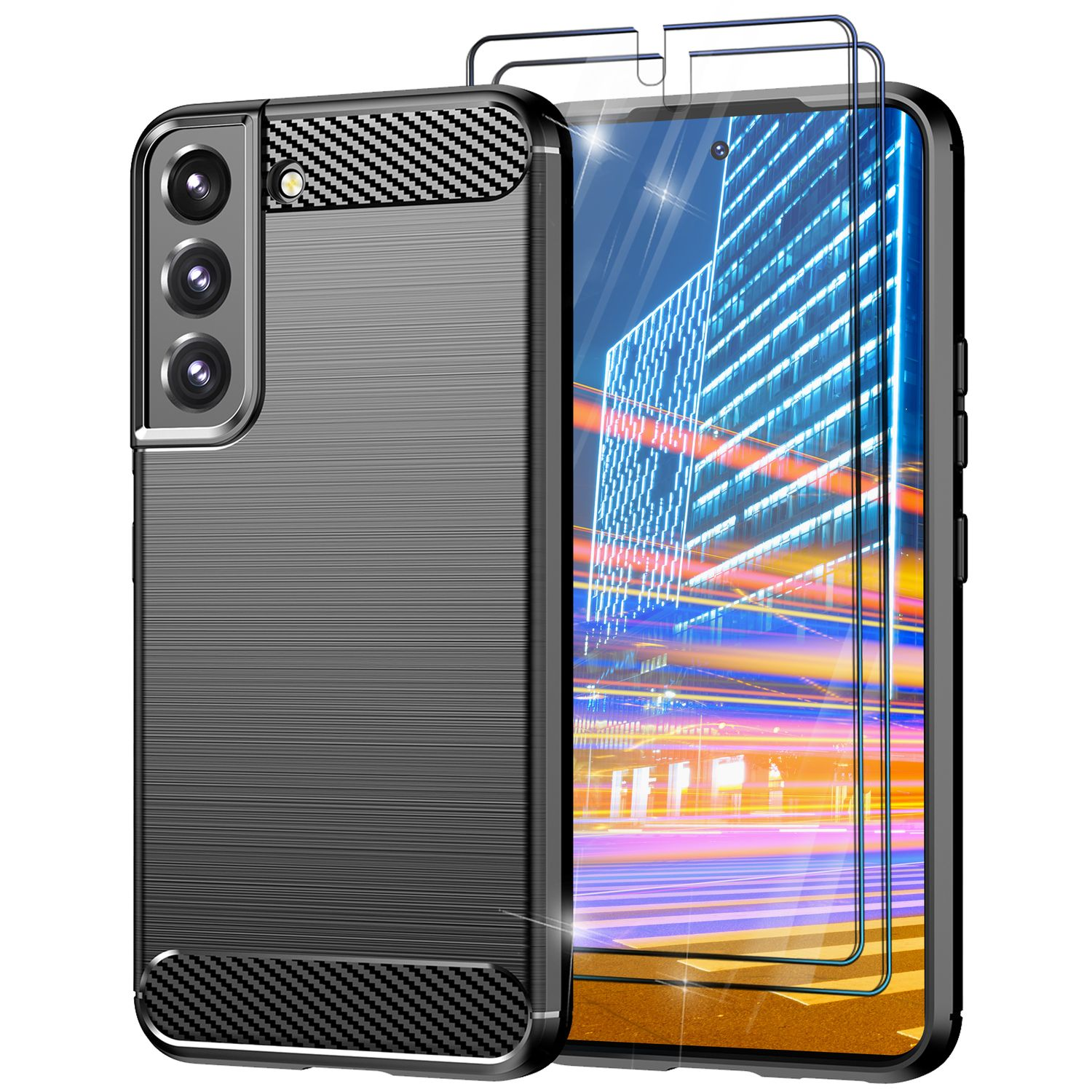NALIA Carbon-Look Hülle Galaxy S23, Schwarz Silikon Backcover, Samsung, Displayschutz, mit 2x