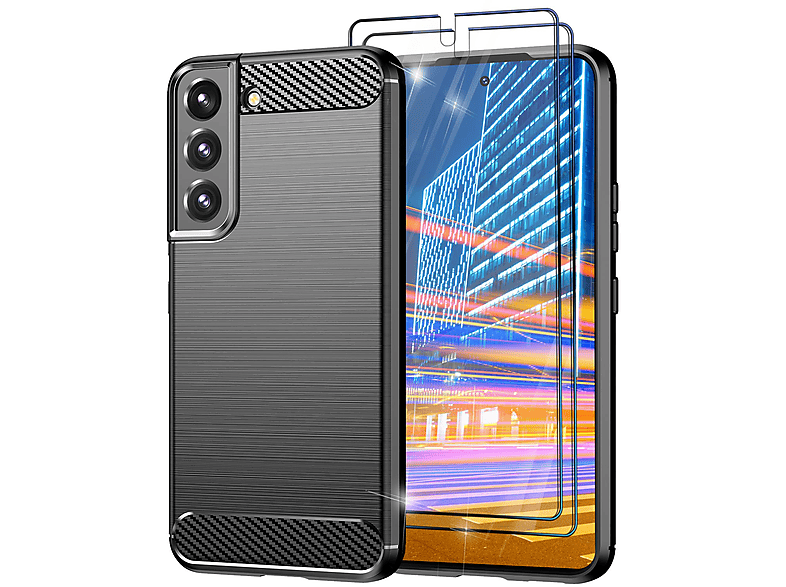 NALIA Carbon-Look Hülle Galaxy S23, Schwarz Silikon Backcover, Samsung, Displayschutz, mit 2x