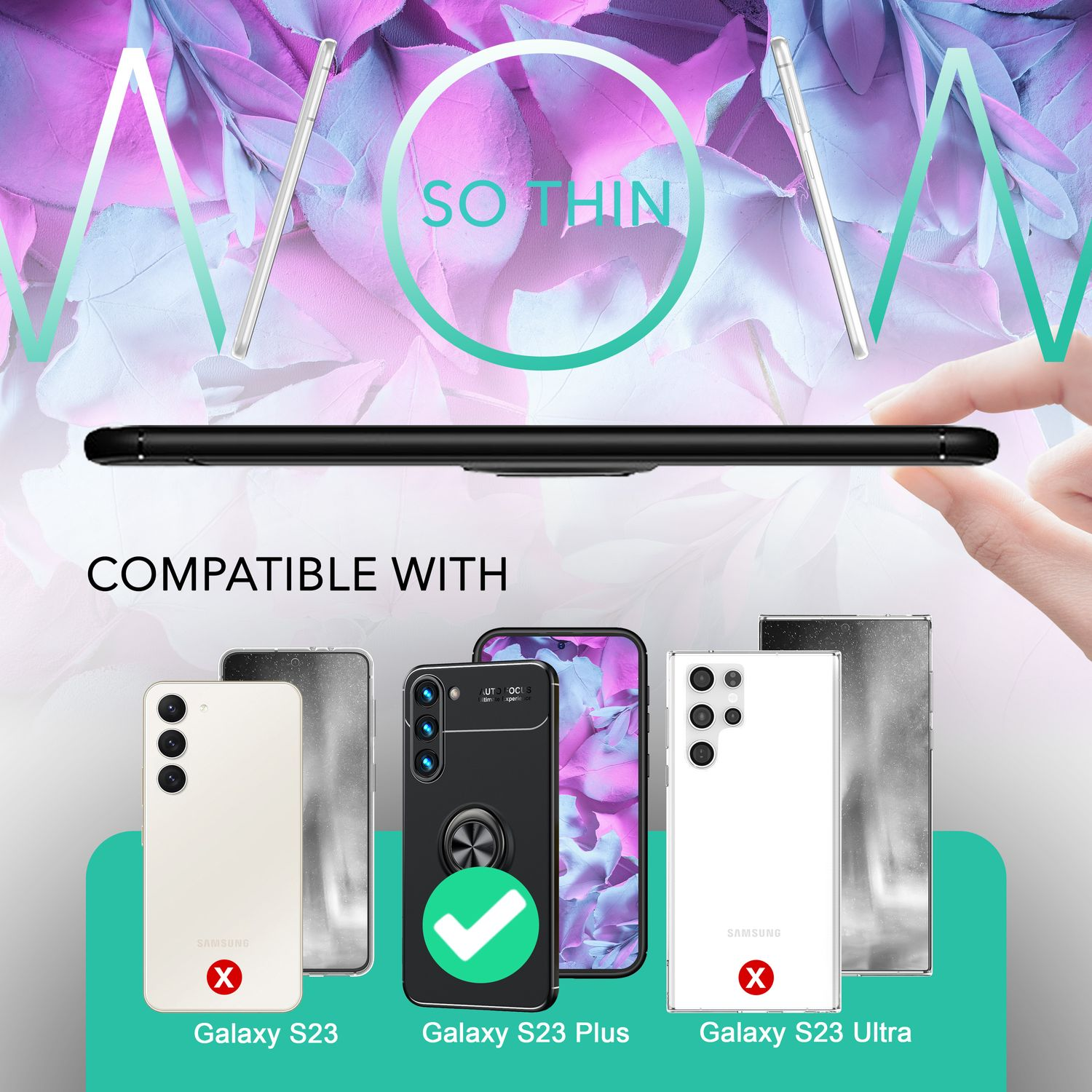 Se muestra un teléfono negro y otros tres. El texto dice: 'Compatible con' y 'Tan delgado'.