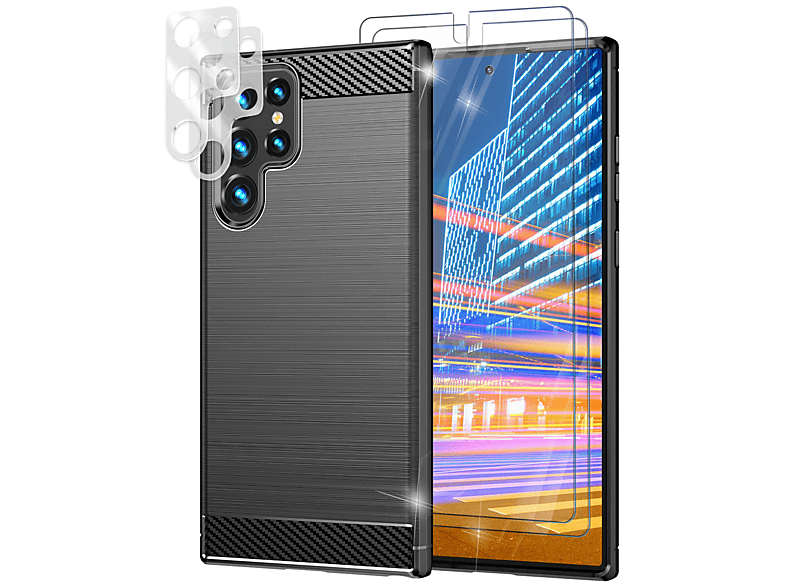 NALIA Carbon-Look Silikon Hülle mit Display- Galaxy Kameraschutz, Schwarz & Ultra, 2x Backcover, Samsung, S23