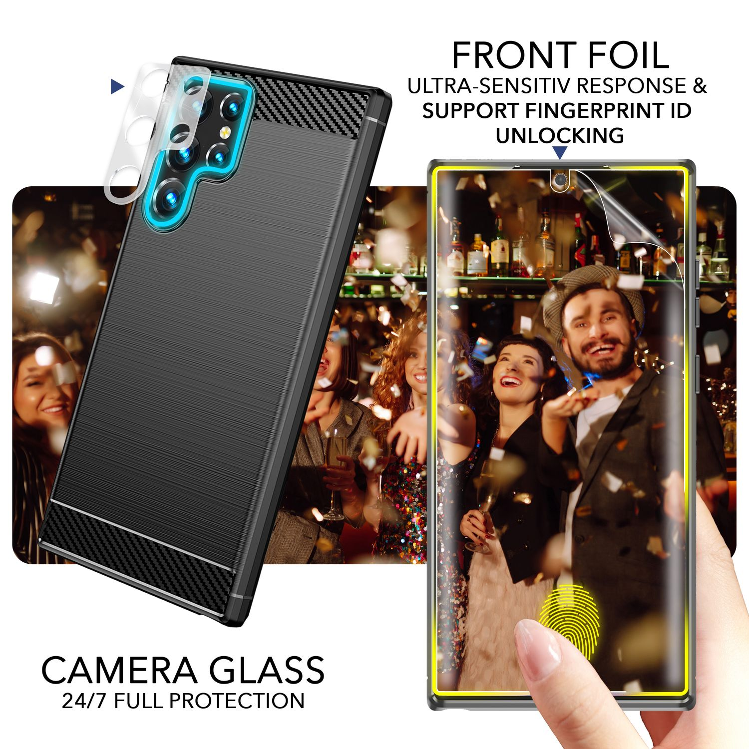 Schwarze Handyhülle mit Displayschutz und Bild von Personen.
