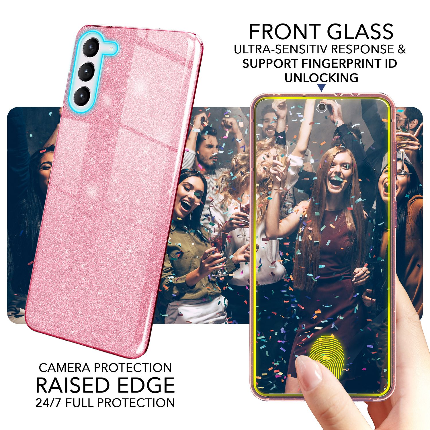 Eine rosa Handyhülle mit Frontglas und Kameraschutz. Fingerabdruck-ID-Entsperrung wird unterstützt.