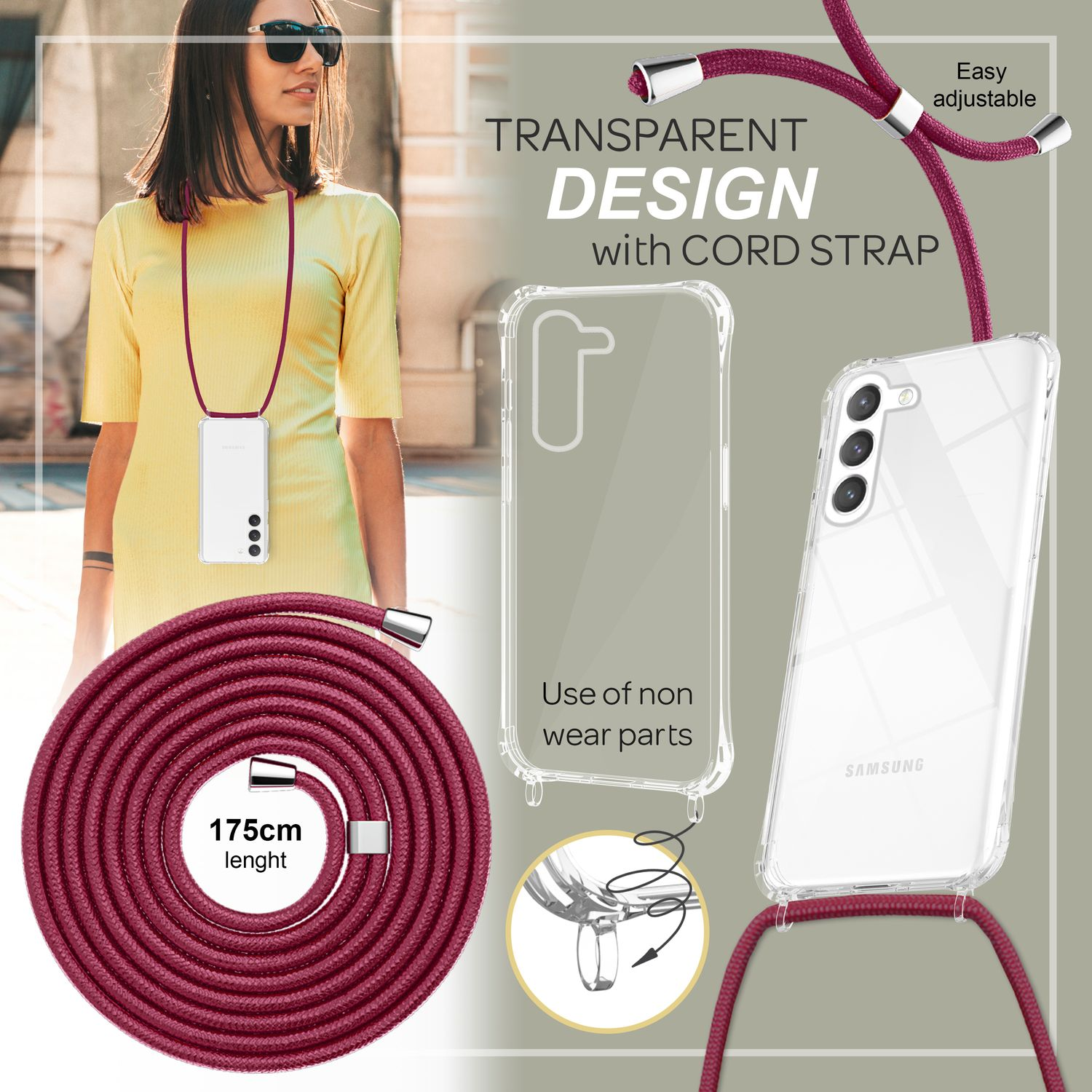 Eine Frau in gelbem Kleid mit einem Telefon um den Hals, eine transparente Handyhülle mit Kordel.