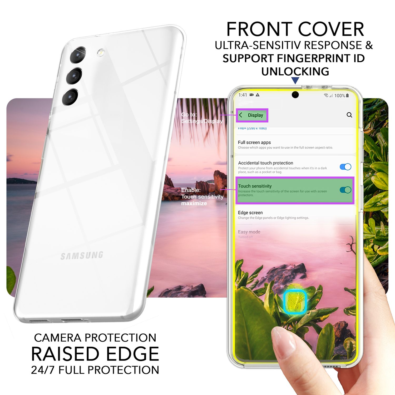 Ein weißes Samsung-Telefon mit Einstellungen auf dem Bildschirm und Kameraschutzfunktionen.