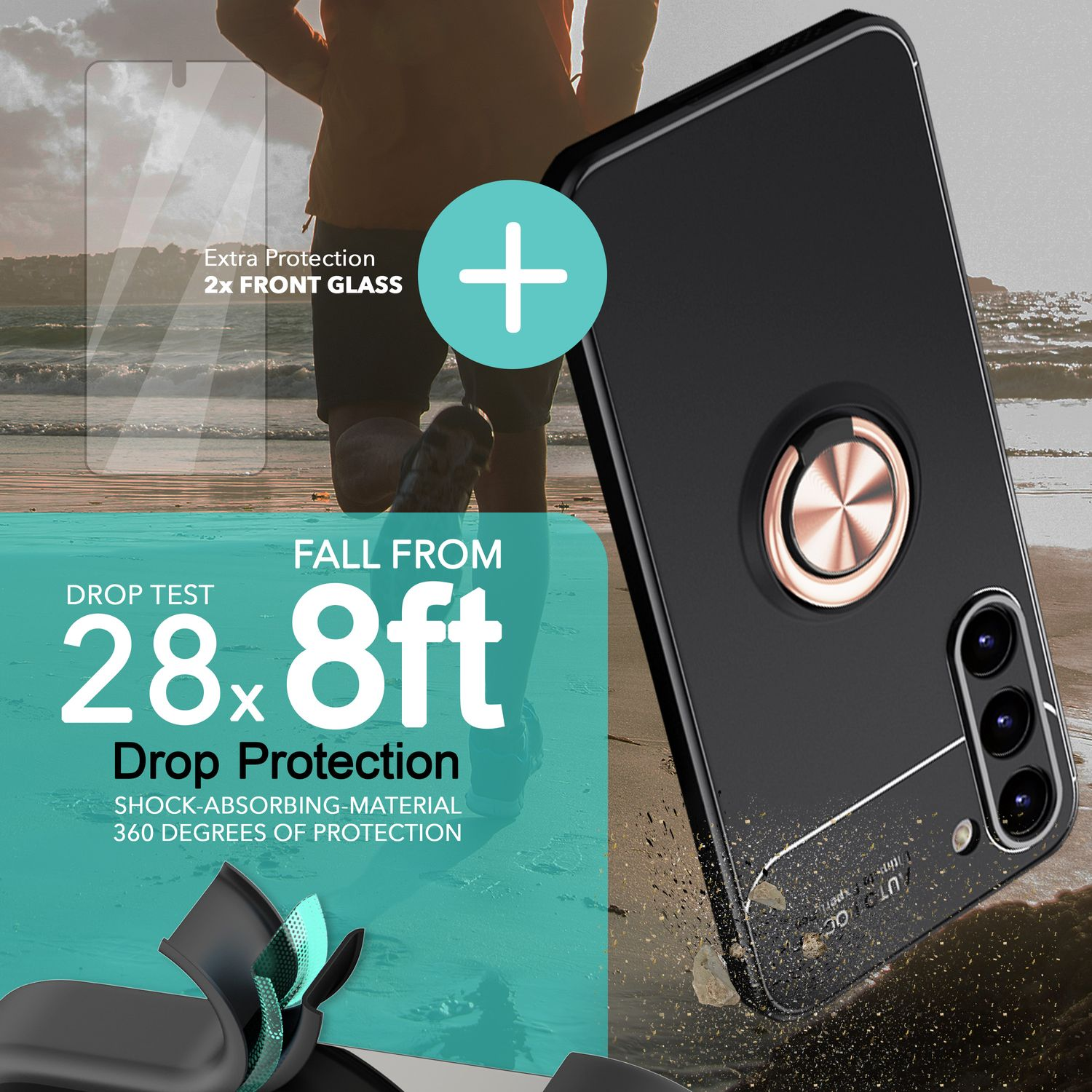Funda de teléfono negra con soporte de anillo, fondo de playa y texto sobre protección contra caídas.