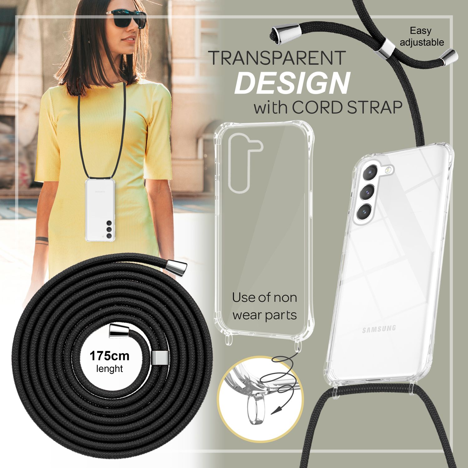 Frau, die ein Telefon mit Kordelband trägt. Transparente Handyhülle mit schwarzem Kordelband.
