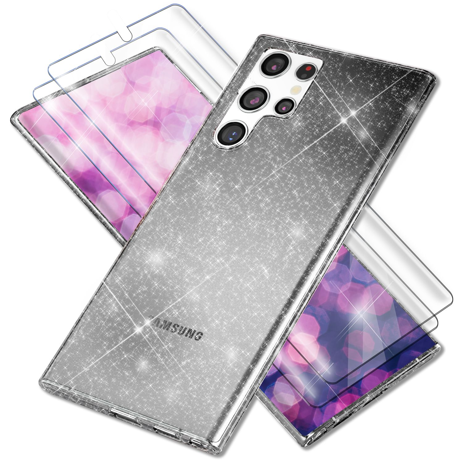 Klare Samsung, Glitzer mit Galaxy 2x Hülle Backcover, Ultra, Schwarz NALIA Silikon Displayschutz, S23