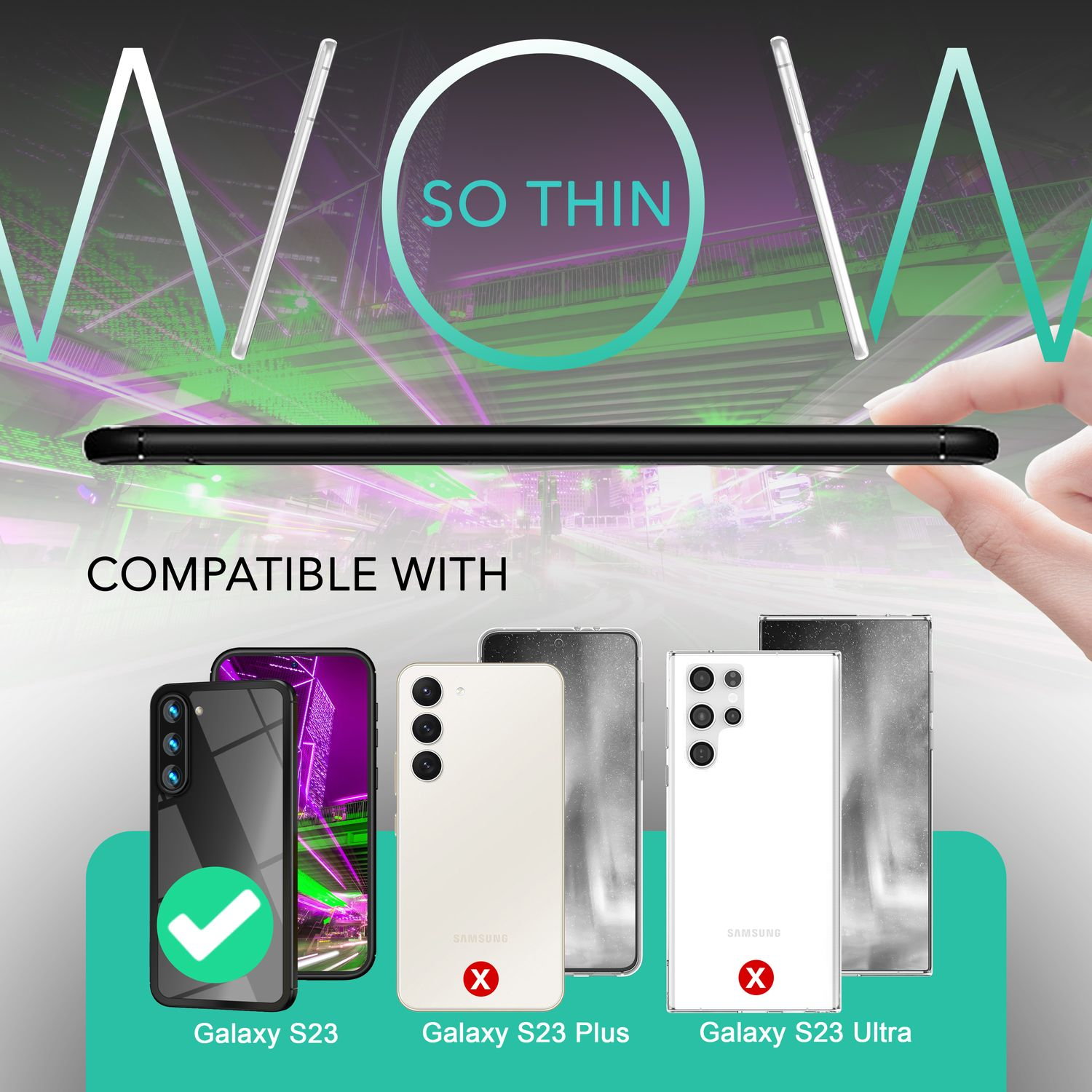 Ein schwarzes Telefon wird mit anderen Telefonen im Hintergrund hochgehalten. Der Text lautet „WOW SO THIN“.