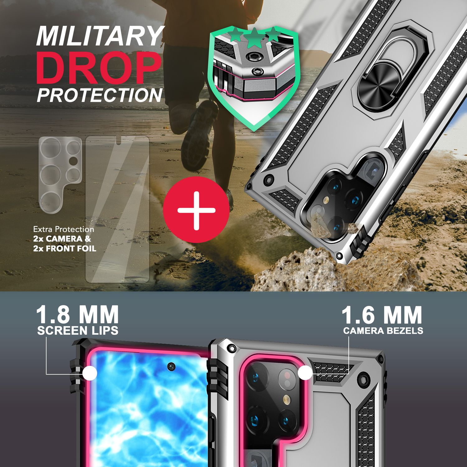 Das Bild zeigt Handyhüllen mit Funktionen wie militärischem Fallschutz, Bildschirmrändern und Kamerablenden. Inklusive zusätzlichem Schutz für Kamera und Folie.