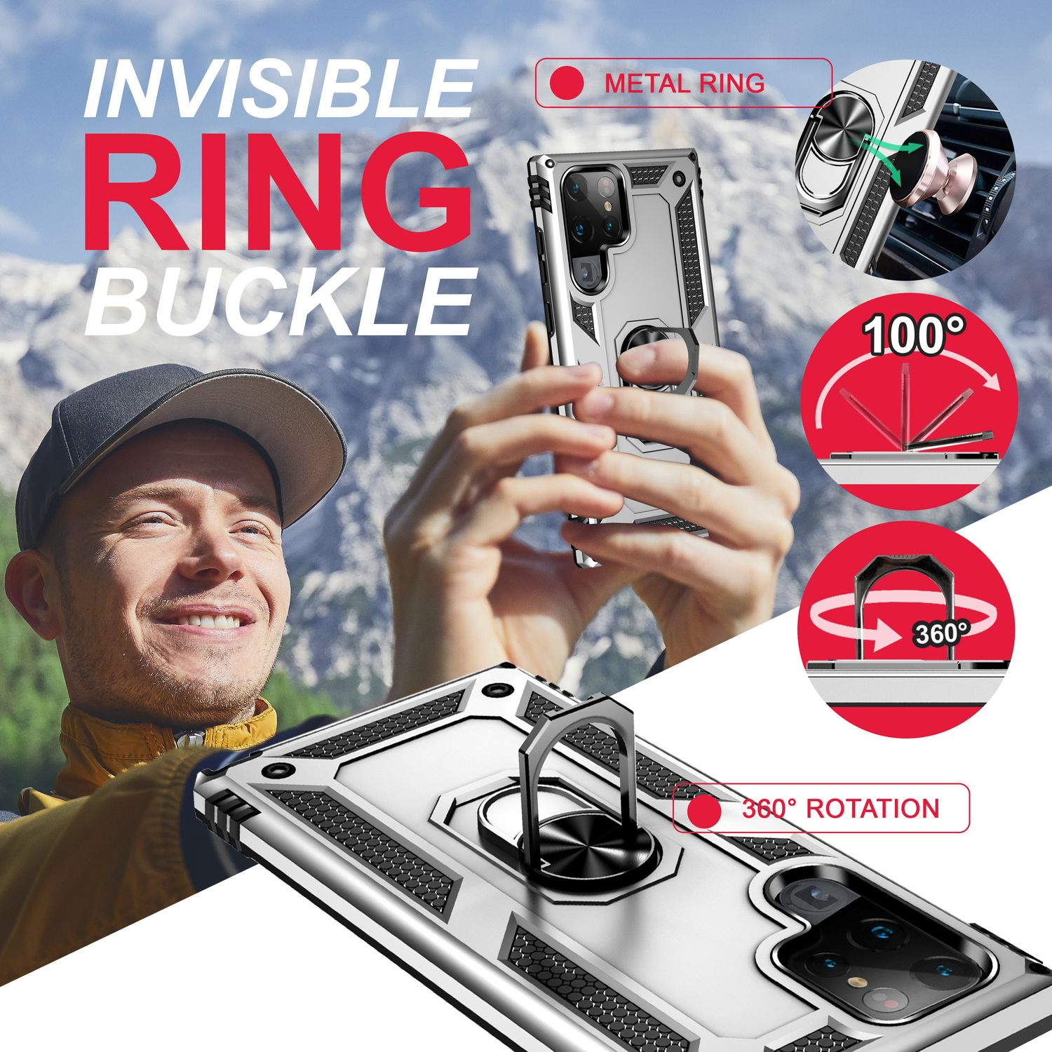 Ein Mann hält ein Telefon mit einer Metallringhülle. Die Hülle bietet eine 360-Grad-Drehung. Text: Unsichtbare Ringschnalle.