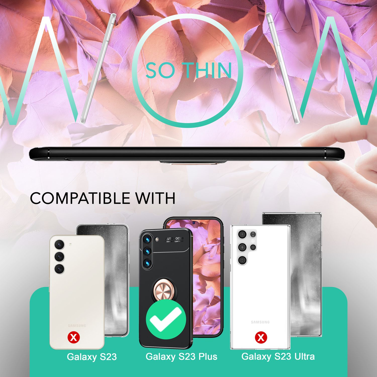 Funda de teléfono negra delgada con info de compatibilidad. Compatible con S23 Plus, no S23 o Ultra.