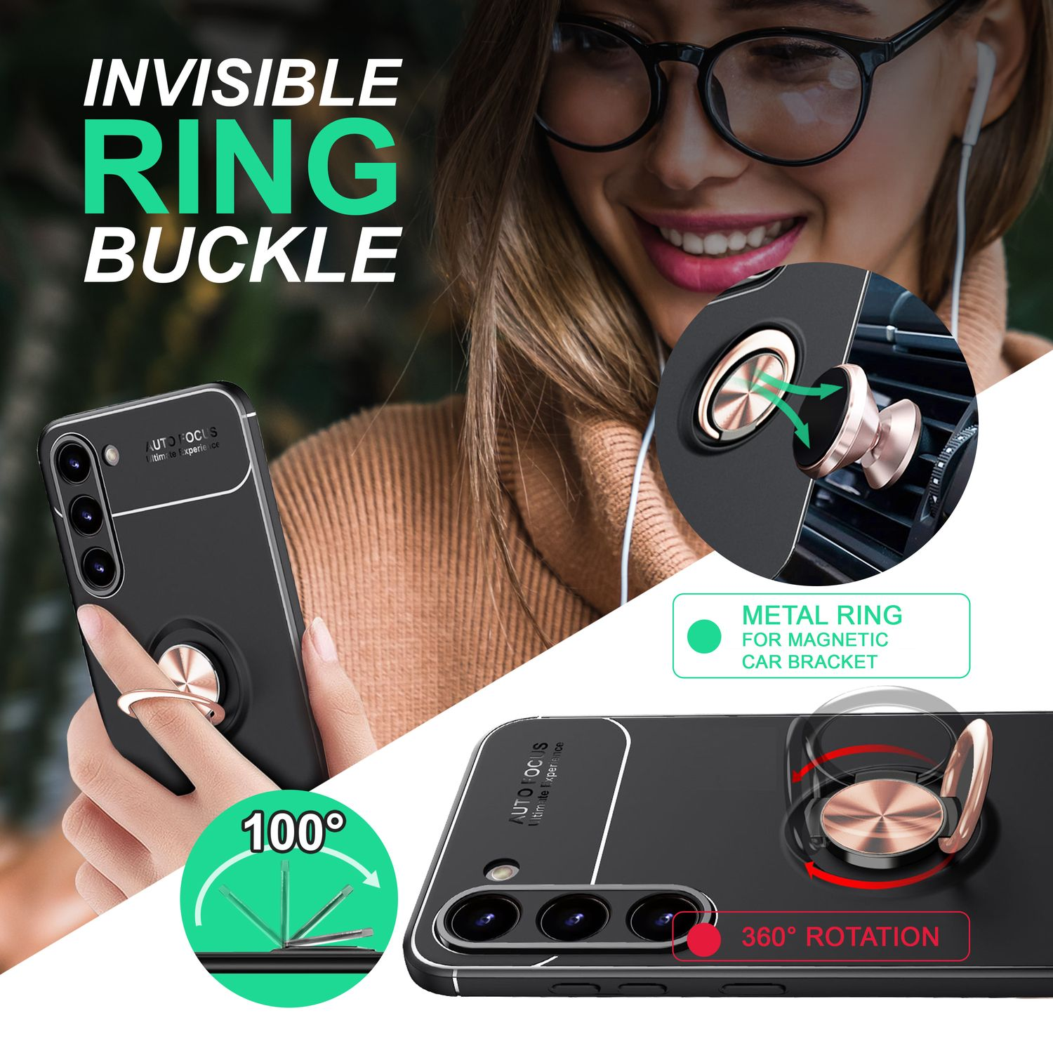 Mujer con teléfono con hebilla de anillo, mostrando rotación 360° y ángulo de 100°.