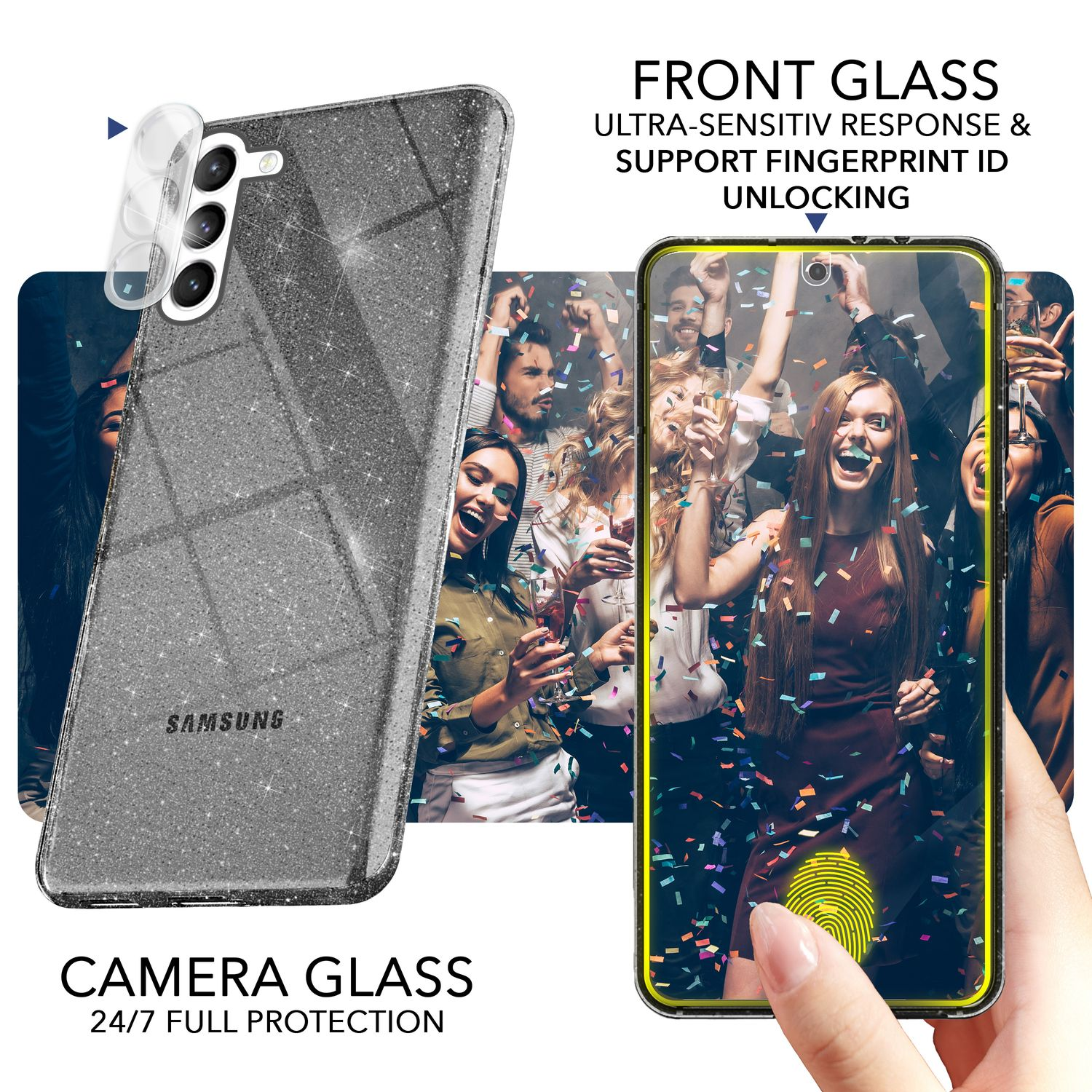 Schwarz mit Kameraschutz, Glitzer NALIA & 2x Klare Samsung, Galaxy Backcover, S23 Hülle Plus, Display-