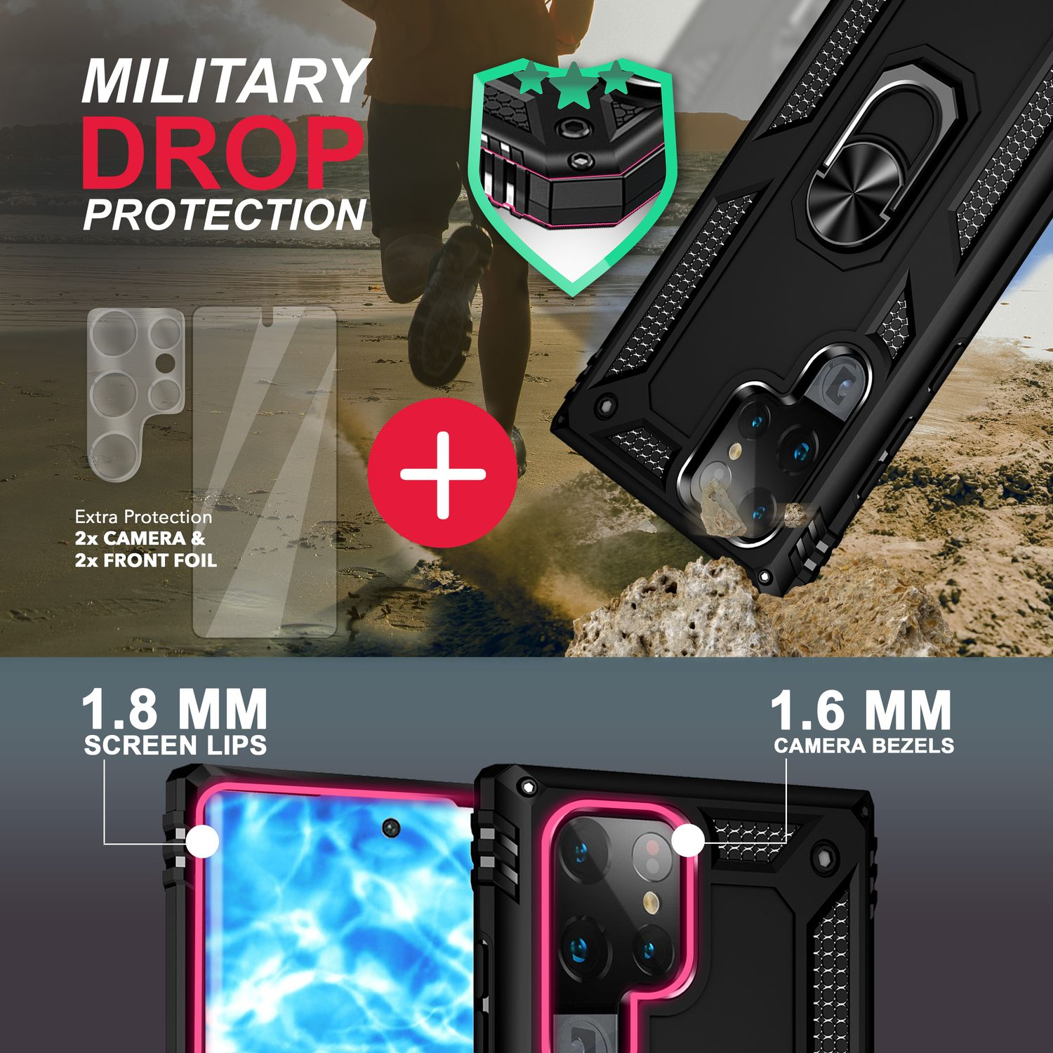 Das Bild zeigt eine Handyhülle mit 'Military Drop Protection'. Zu den Merkmalen gehören Bildschirmränder, Kameraränder und zusätzlicher Schutz.