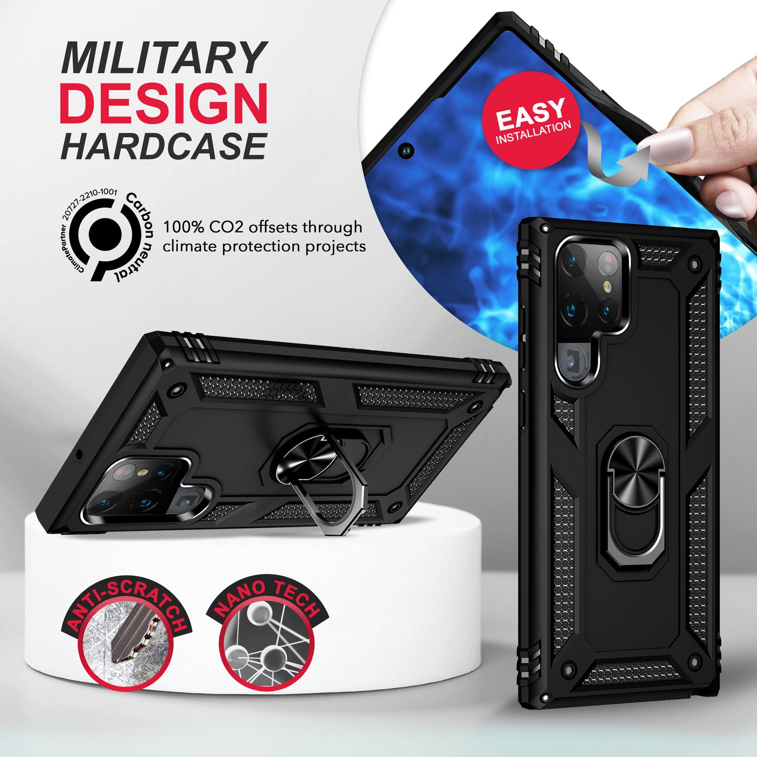 NALIA Military-Style Hülle 2x Schwarz Ring & Display- Samsung, S23 Kameraschutz, Ultra, Backcover, Galaxy mit