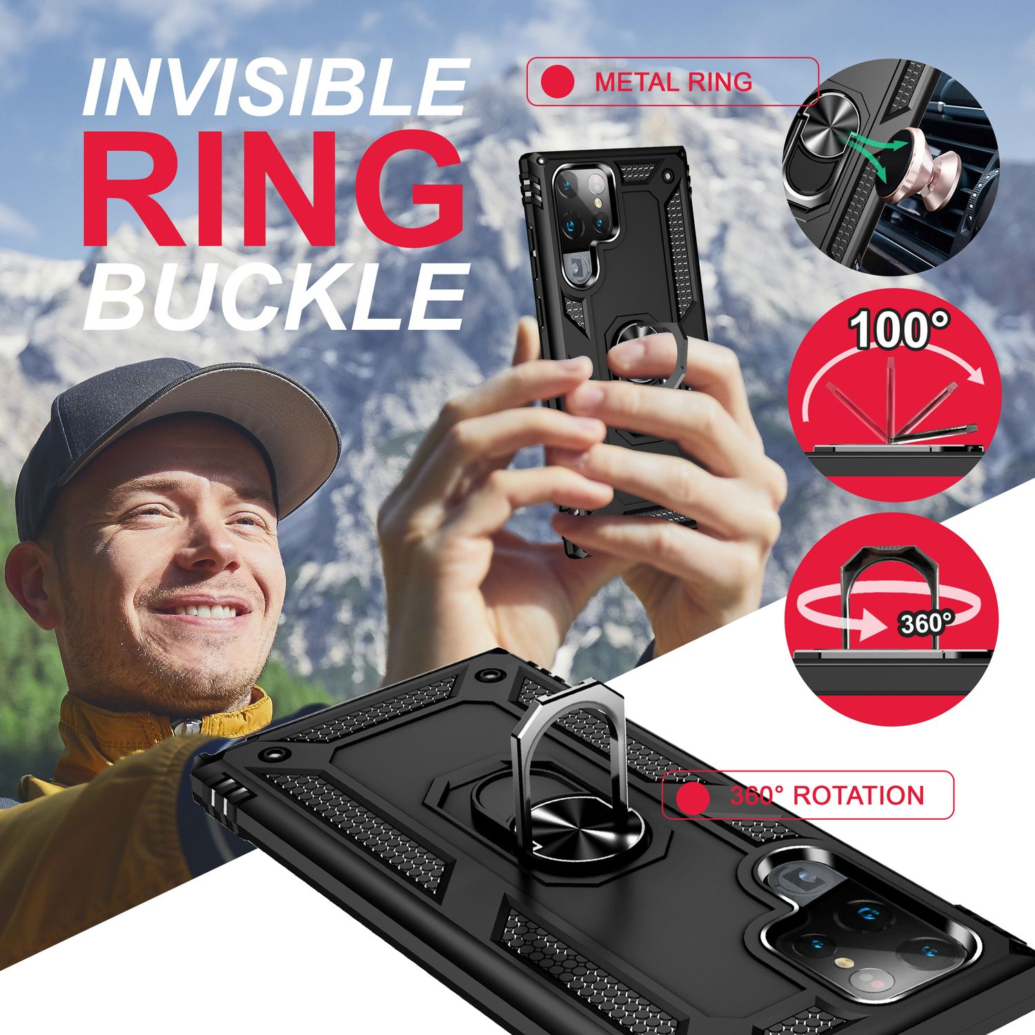 Ein Mann hält eine Handyhülle mit einem Ring. Die Hülle ist schwarz und hat eine Ringschnalle. Der Text lautet 'INVISIBLE RING BUCKLE'.