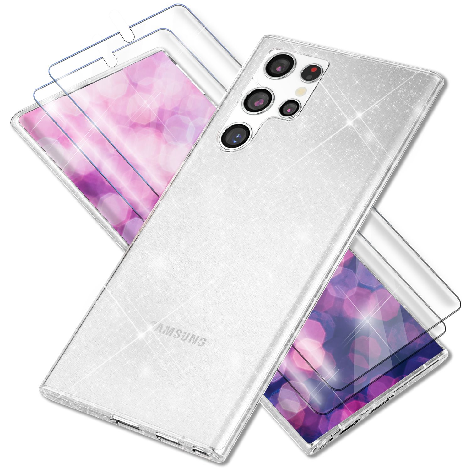 Samsung, Hülle Silikon Displayschutz, mit Klare Transparent Galaxy Backcover, 2x NALIA Glitzer Ultra, S23
