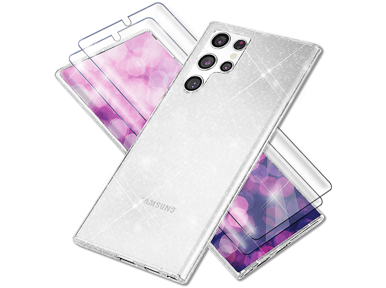 Samsung, Hülle Silikon Displayschutz, mit Klare Transparent Galaxy Backcover, 2x NALIA Glitzer Ultra, S23