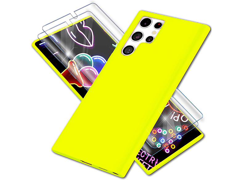 NALIA Neon Silikon Gelb mit Galaxy 2x S23 Ultra, Backcover, Hülle Displayschutz, Samsung