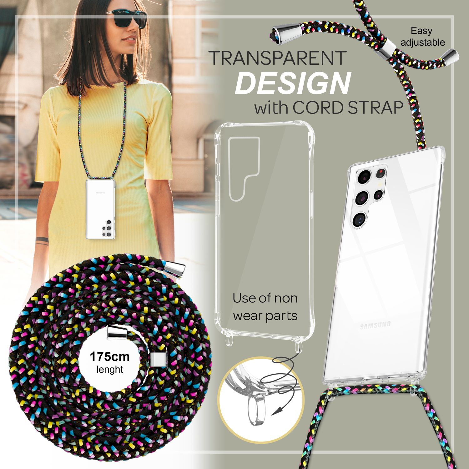Frau hält Telefon mit Lanyard. Klare Hülle und Lanyard mit Farbdetails.