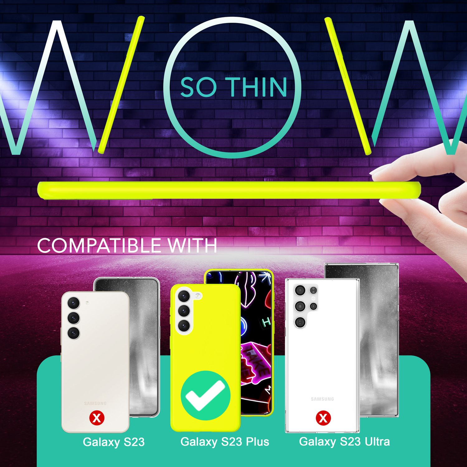 Handyhülle mit neongrünem Rand. Ein Telefon wird mit einem Häkchen auf dem kompatiblen Telefon gezeigt. Andere Telefone haben X.
