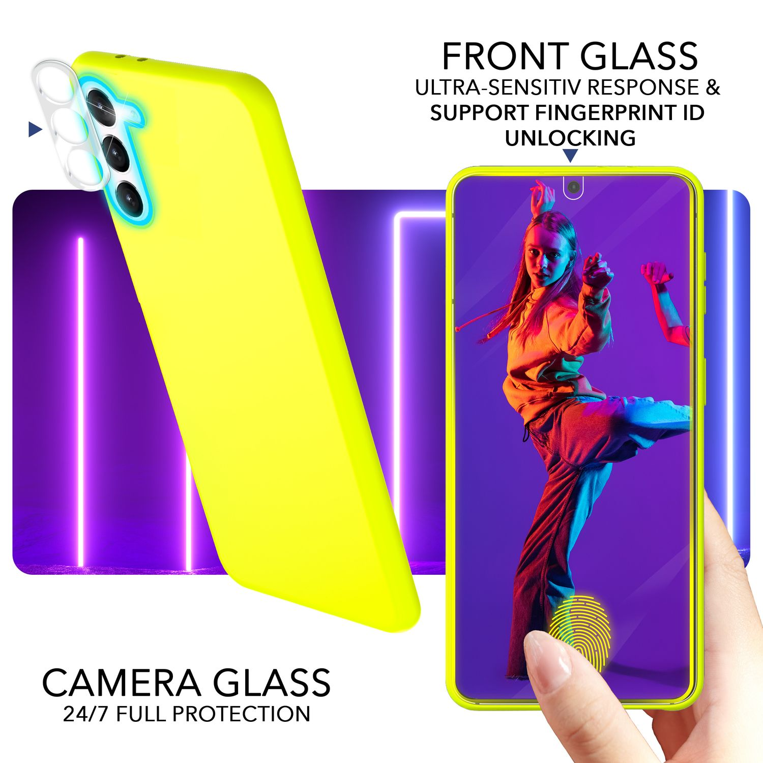 NALIA Neon Silikon mit & Samsung, Display- Hülle 2x Galaxy Backcover, S23, Gelb Kameraschutz