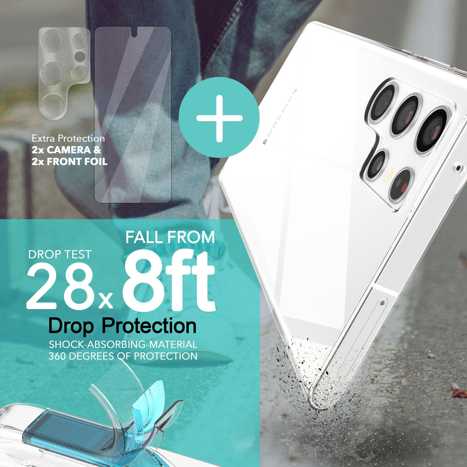 Teléfono blanco con funda protectora transparente. El texto dice 'Prueba de caída 28,8 pies' y 'Protección contra caídas'.