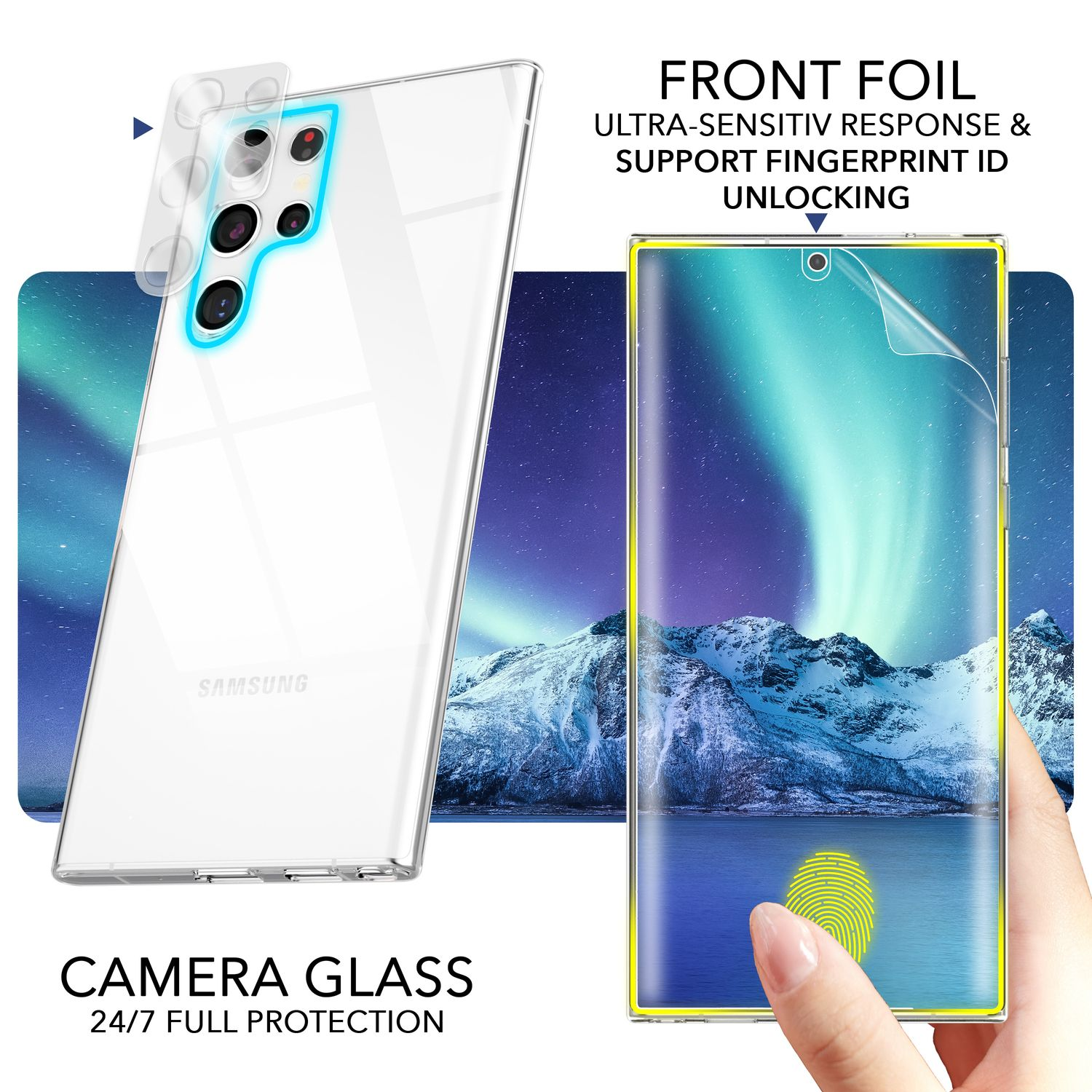 Un teléfono con una funda transparente y lámina frontal con fondo de aurora boreal.