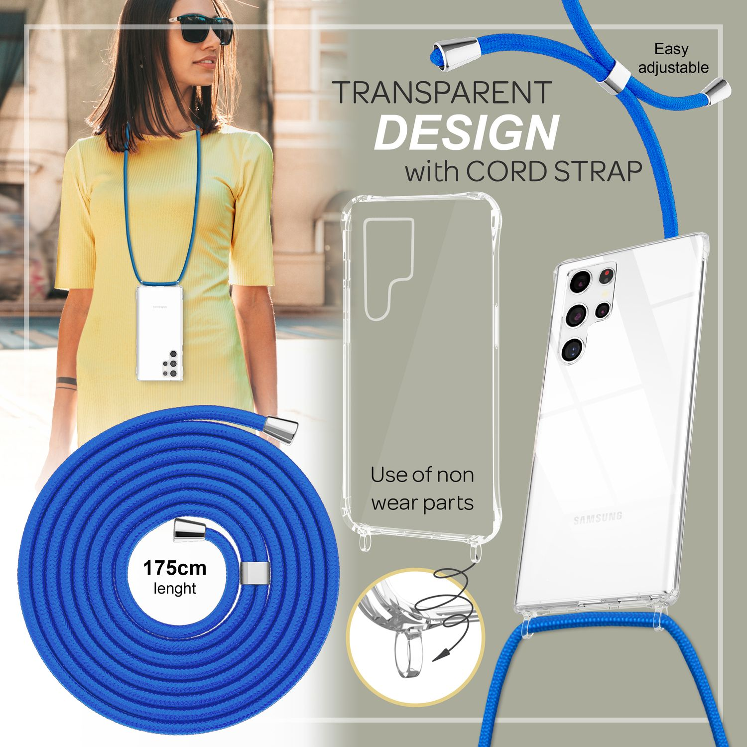 Frau mit Telefon an einer blauen Schnur, transparente Handyhülle und blaue Schnur Detail.