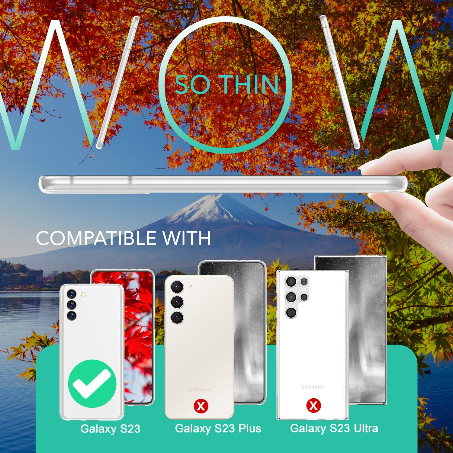 Eine Telefonhülle wird gehalten, mit einem Berg und Herbstlaub im Hintergrund.