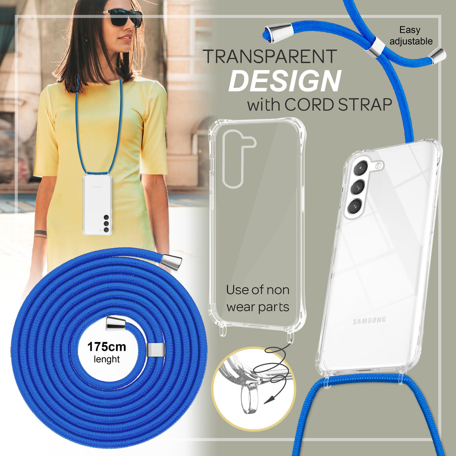 Eine Frau hält ein Telefon mit blauem Kordelband, transparentem Gehäuse.