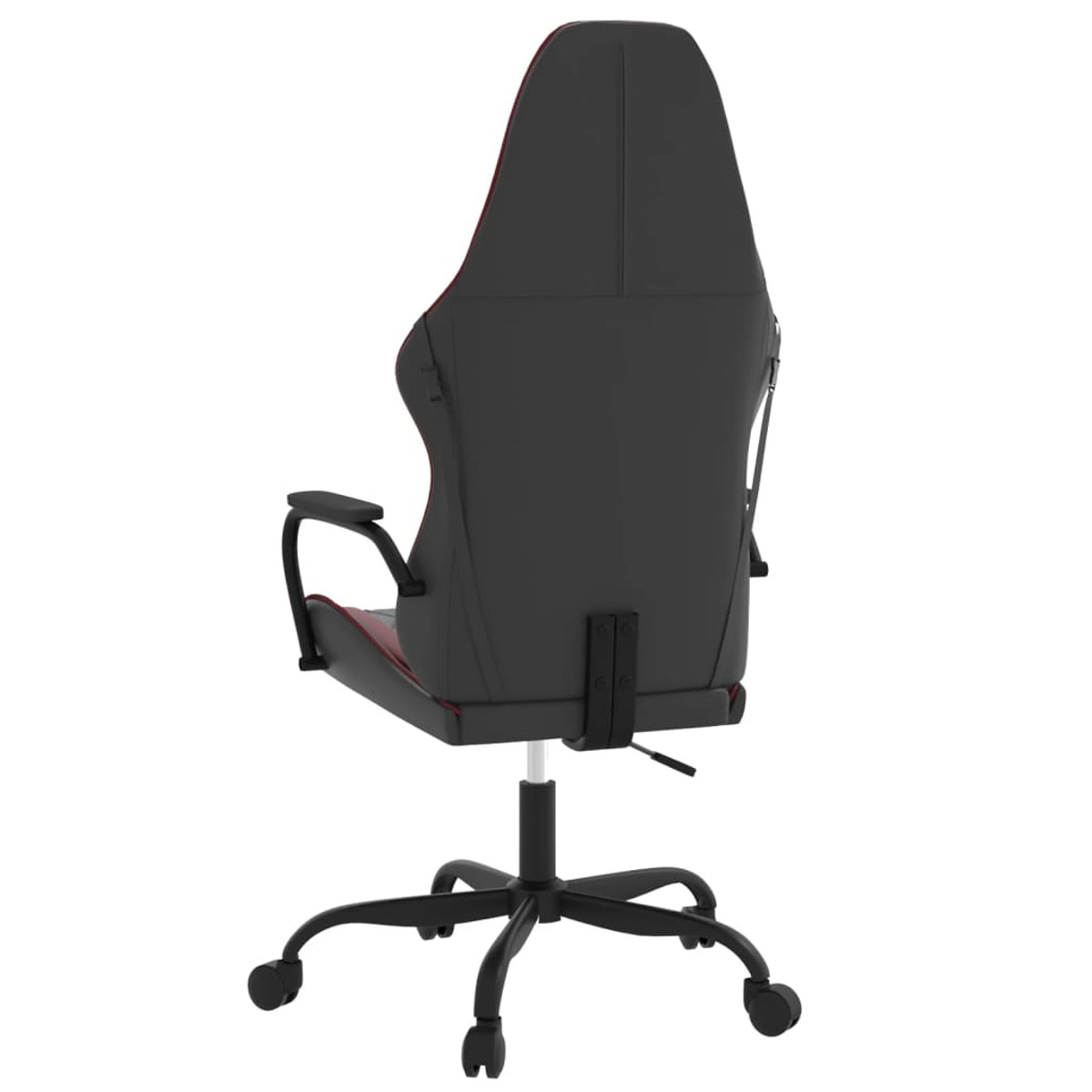Schwarzer und roter Gaming-Stuhl von hinten. Räder und Gestell sind sichtbar.