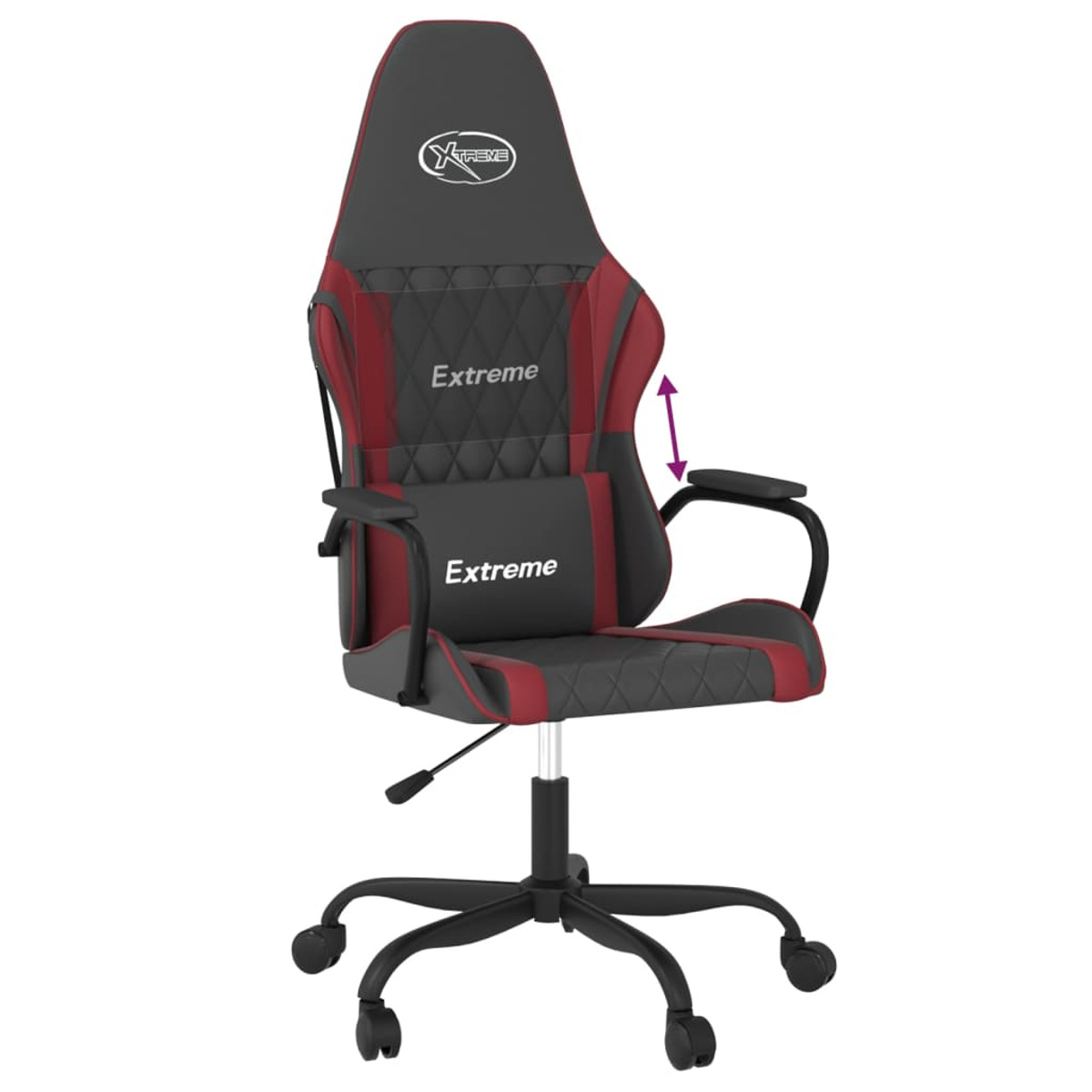 Gaming-Stuhl, schwarz und rot, mit der Marke 'Extreme' auf Kopfstütze und Kissen. Armlehnenhöhe verstellbar.