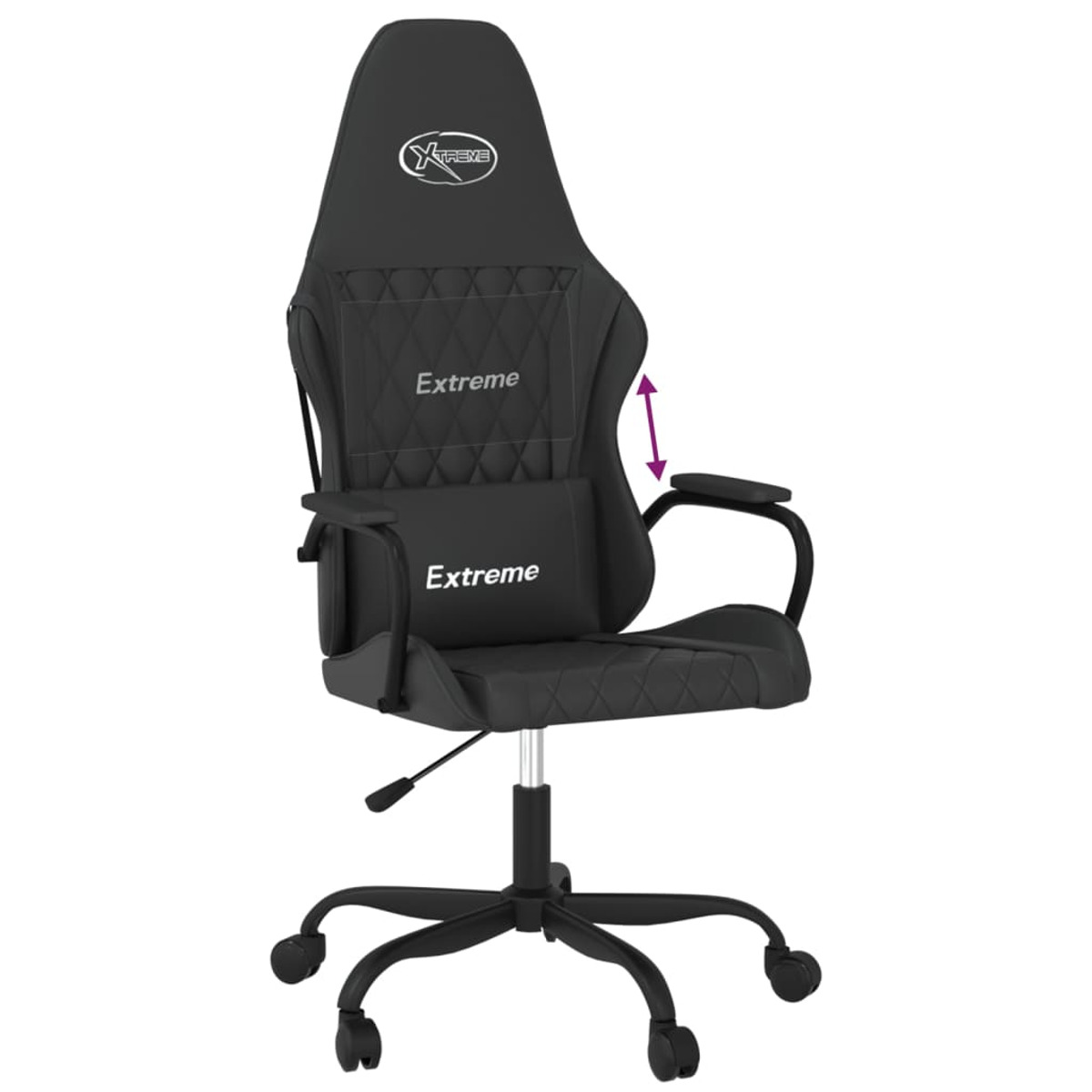Schwarzer Gaming-Stuhl. Der Stuhl hat ein Extreme-Logo auf Kopfstütze und Lendenwirbelstütze.