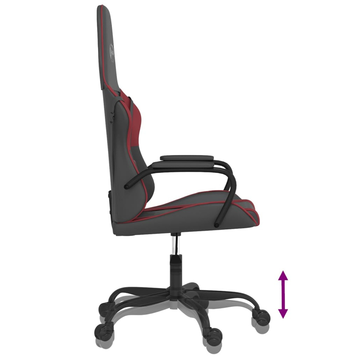 Gaming-Stuhl, grau mit roter Verkleidung, Seitenansicht, höhenverstellbar.