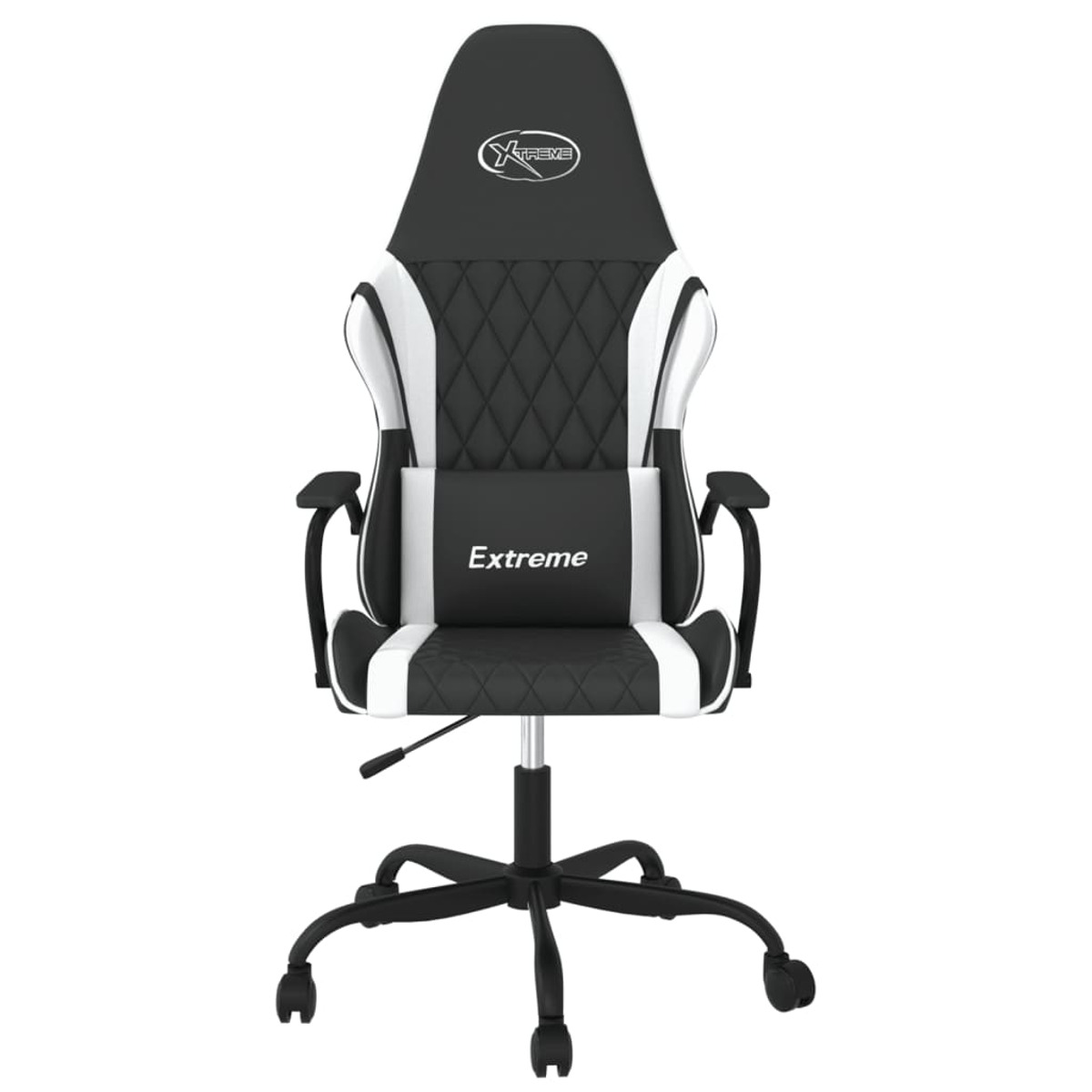 Ein schwarz-weiß-schwarzer Gaming-Stuhl mit dem Wort 'Extreme' auf der Rückenlehne und dem Kissen.