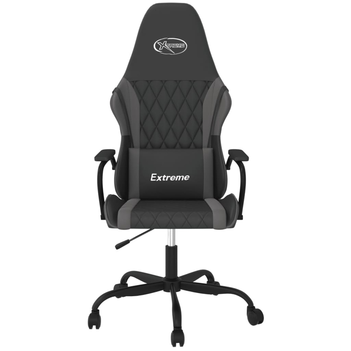 Ein schwarzer und grauer Gaming-Stuhl mit dem Wort Extreme auf Kopfstütze und Kissen.