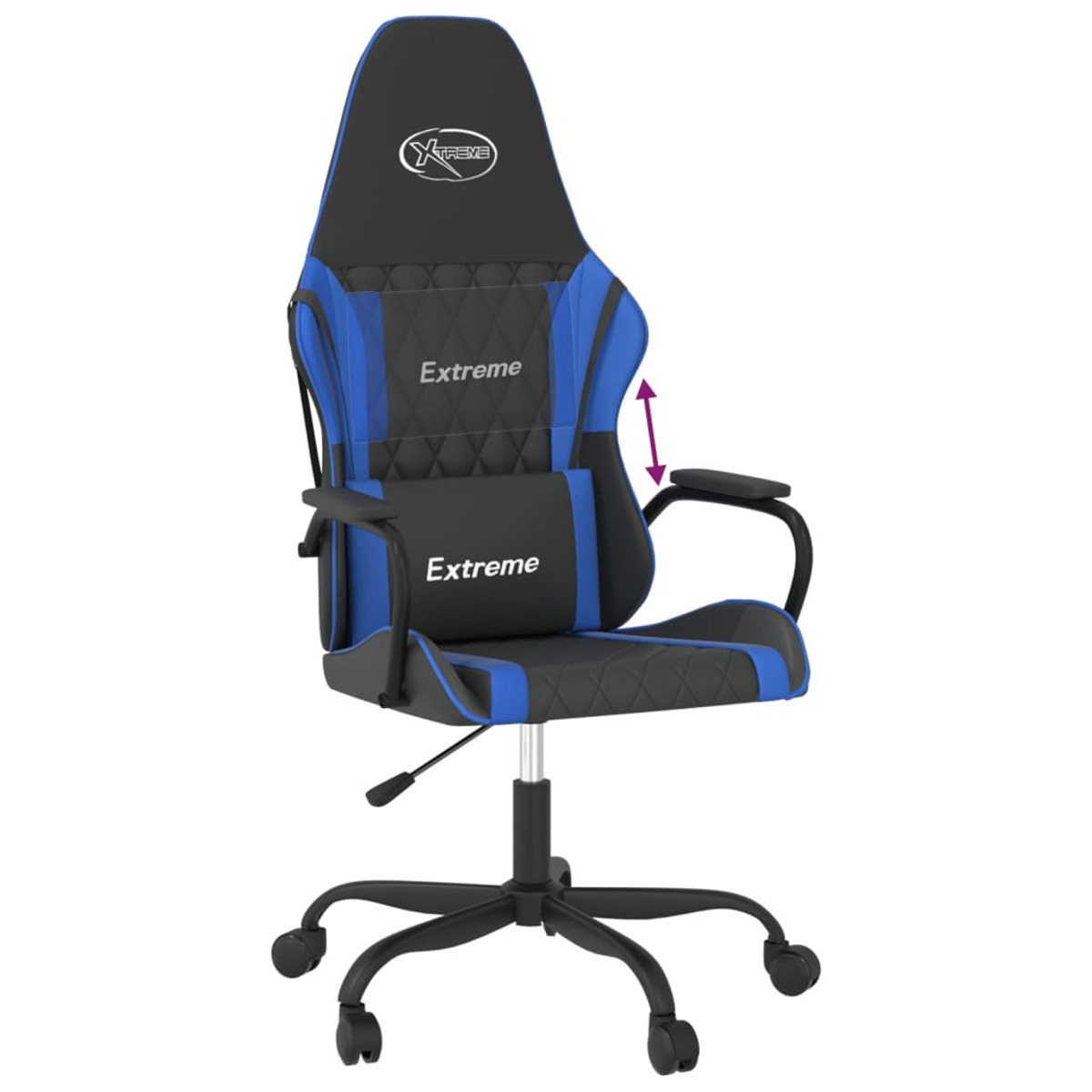 Blauer und schwarzer Gaming-Stuhl mit verstellbaren Armlehnen. Weißer Hintergrund.