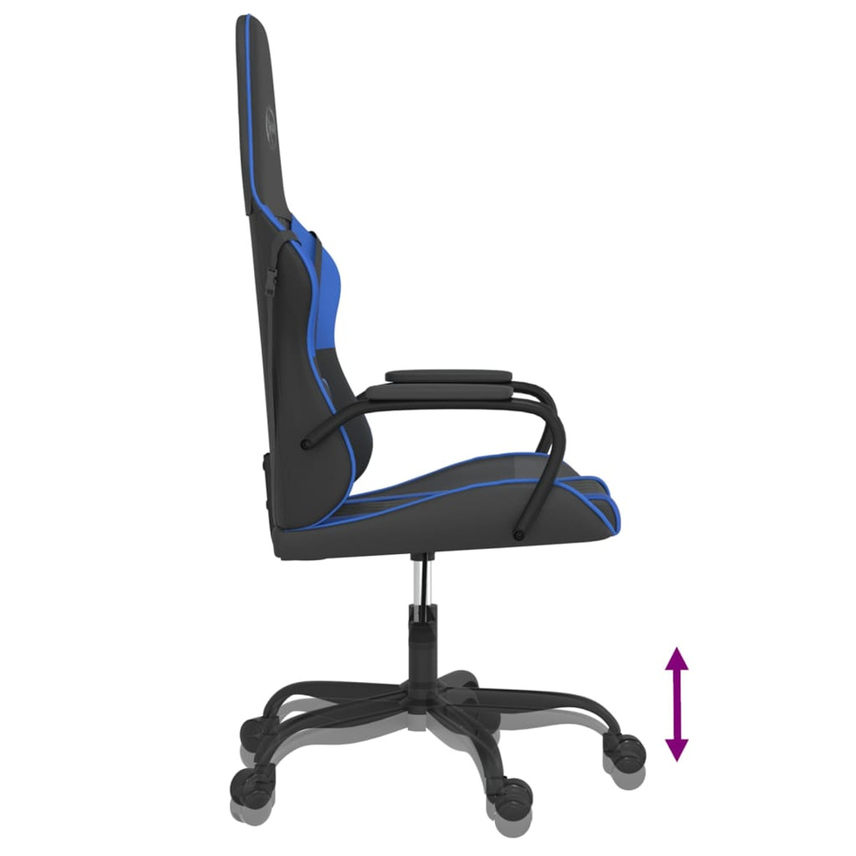 Gaming-Stuhl im Profil mit blauen Akzenten und Pfeil für höhenverstellbar.