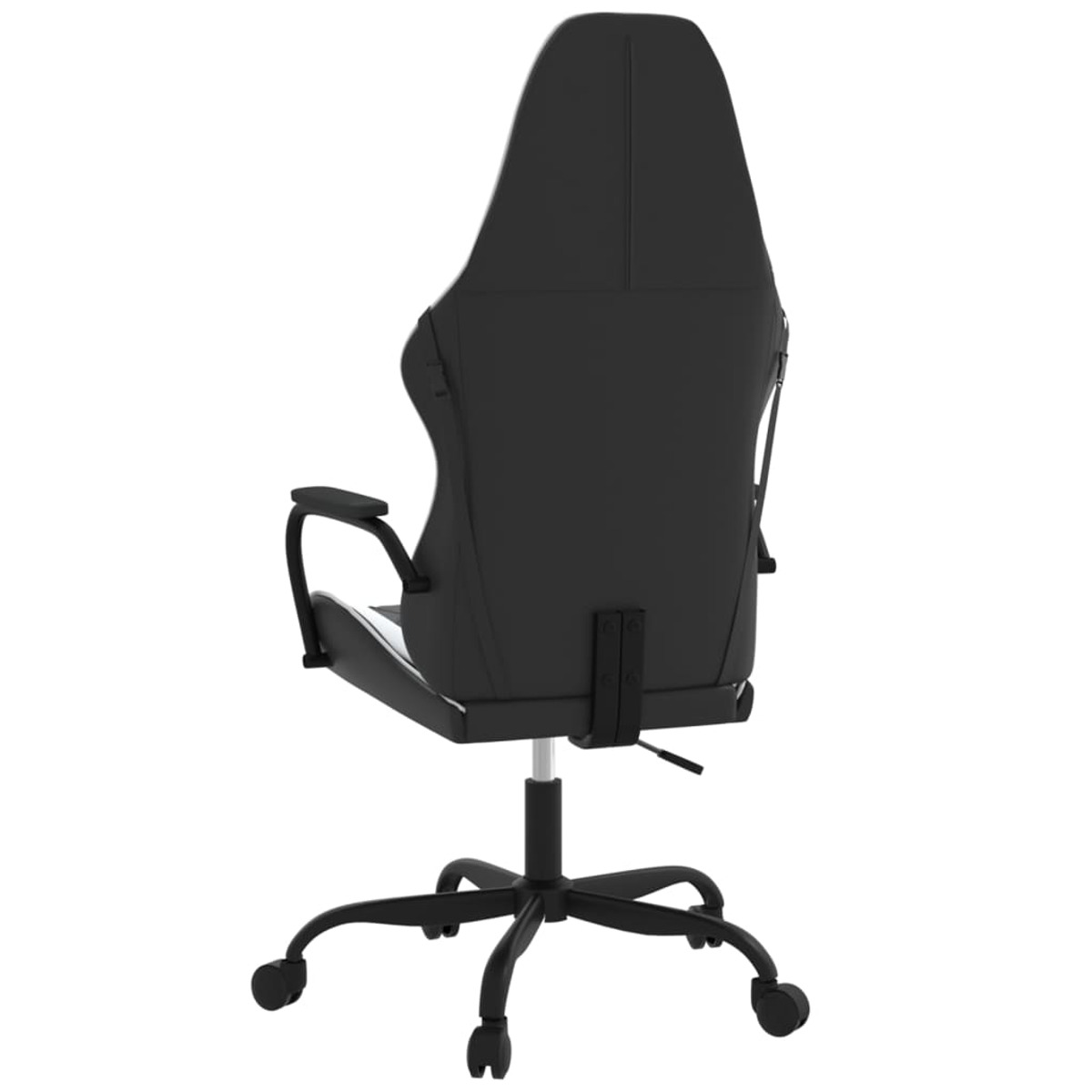Ein Gaming-Stuhl, von hinten gesehen, mit einem schwarz-weißen Design.