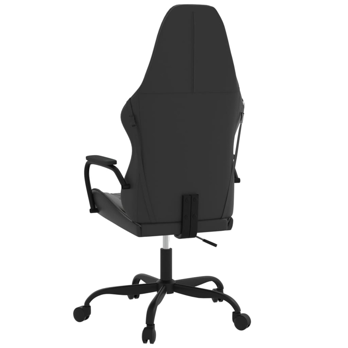 Ein schwarzer Gaming-Stuhl, von hinten betrachtet. Er hat eine hohe Rückenlehne und Räder.